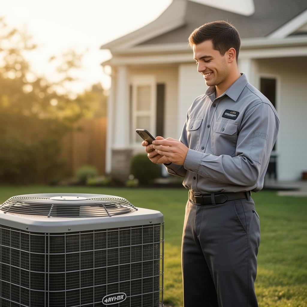 HVAC technician responding to a customer text message next to an outdoor AC unit