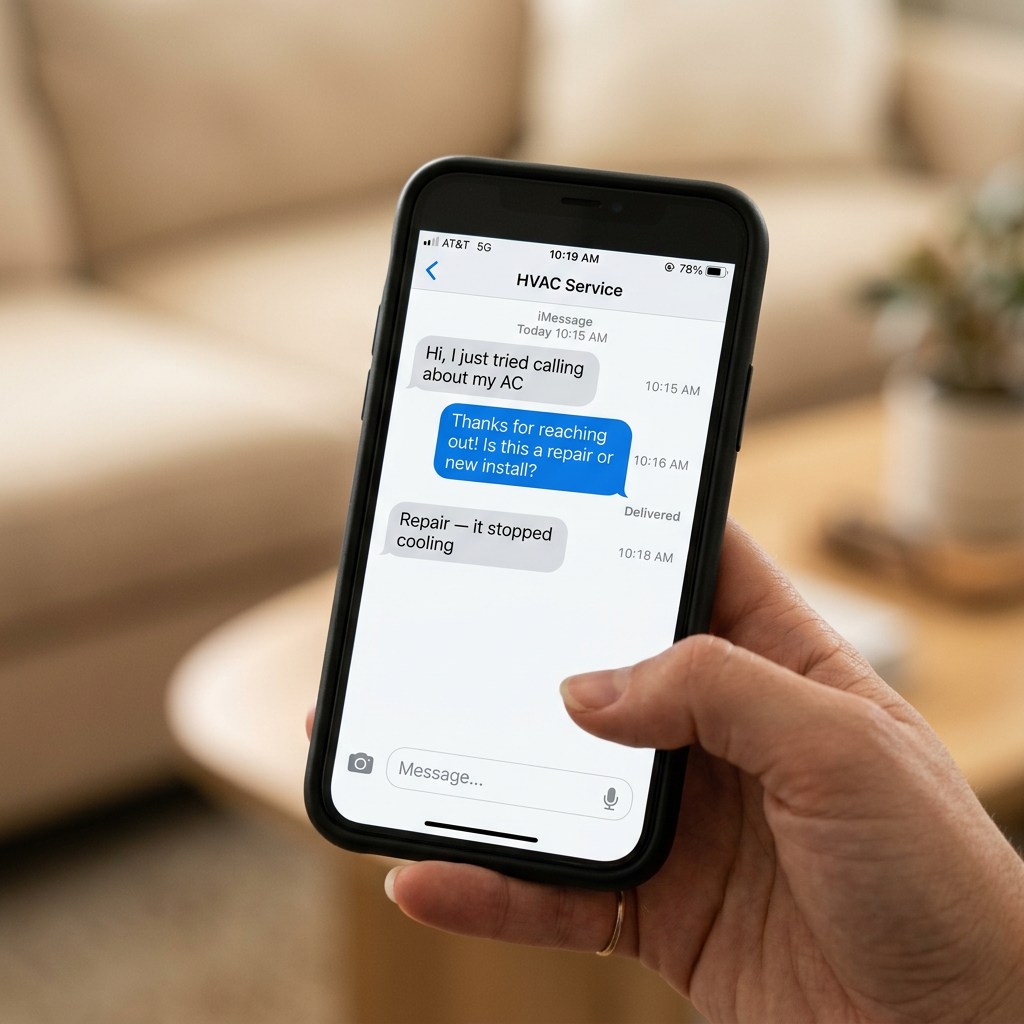 Smartphone showing an instant text reply to a missed HVAC call